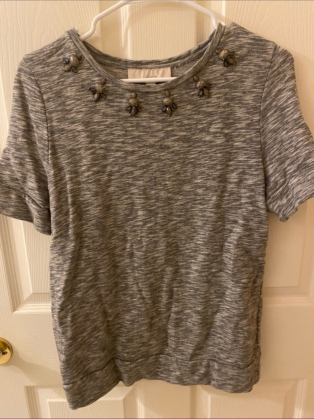 Ann Taylor LOFT Gray Jeweled Knit Short Sleeve Top